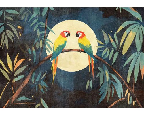 Fototapete Papageien im Dschungel bei Vollmond