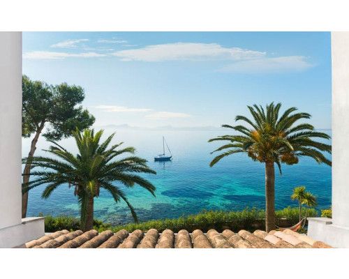 Paradise View Fototapete mit Blick auf Palmen und das Meer auf Mallorca.