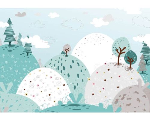 Fototapete mit pastellfarbenen Bergen, verspielte Farben für Babyzimmer.