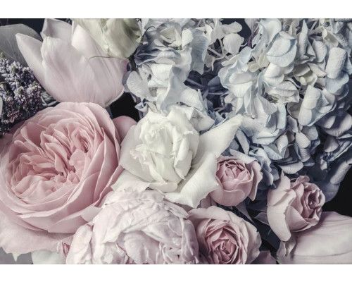 Pastellfarbene florale Fototapete mit Rosen, Pfingstrosen und Tulpen, romantisches Ambiente.