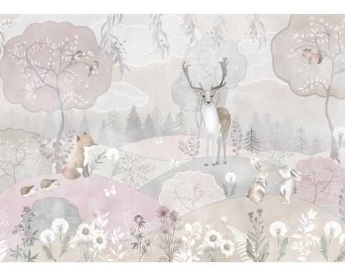 Fototapete mit einer bezaubernden Welt aus pastellfarbenen Waldtieren, perfekt für einen weichen und fantasievollen Look.