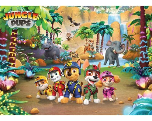 Ein Paw Patrol Dschungel-Fotohintergrund mit Chase, Marshall, Skye und ihren Freunden, die ein tropisches Abenteuer erleben, umgeben von grünen Blättern und exotischen Tieren.