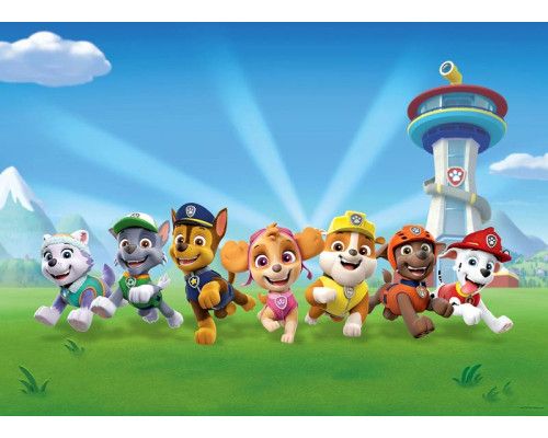 Ein Paw Patrol Rettungs-Fotohintergrund mit Chase, Marshall, Skye und ihren Freunden, die für eine aufregende Rettungsaktion bereit sind, in einem farbenfrohen und dynamischen Design.