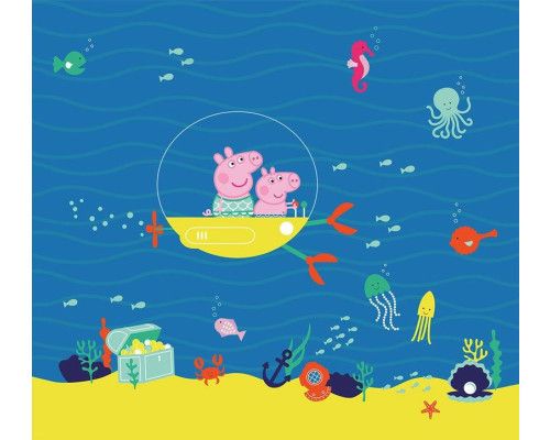 Fototapete mit Peppa Pig und George, die in ihrem U-Boot tief unter Wasser segeln, umgeben von bunten Fischen und Meeresbewohnern.