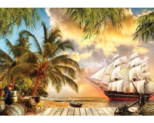 Fototapete von einer Pirateninsel mit einem Schiff, einer Schatzkarte und einem versteckten Piratenschatz, ideal für einen abenteuerlichen Look.