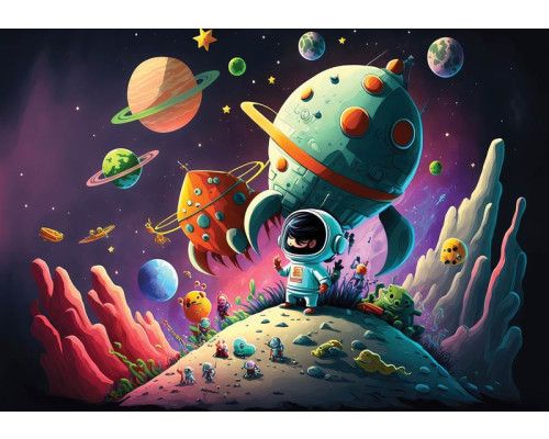 Fototapete mit Planeten und Raketen im Weltraum, geeignet für Kinderzimmer mit einem verspielten Look.