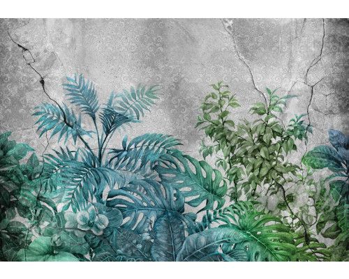 Fototapete Pflanzen auf Beton, grüner Dschungel vor einem industriellen Hintergrund.