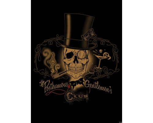 Fototapete eines posthumen Herrenclubs mit Totenköpfen, Thema Alchemie.