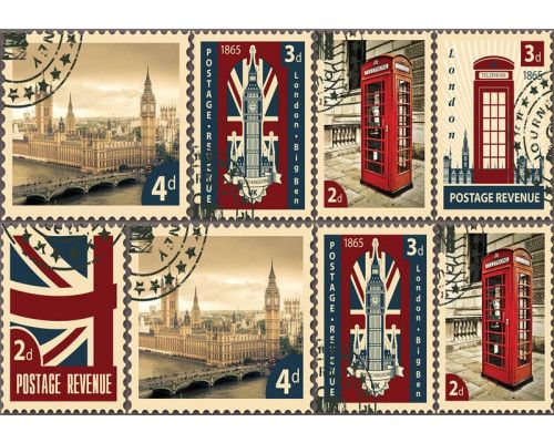 Fototapete einer Briefmarkencollage aus London mit ikonischen Stadtansichten im Vliestapetenstil.