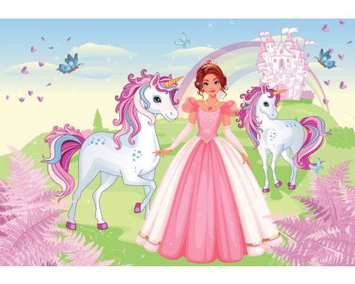 Fototapete von einer Prinzessin mit Einhörnern und einem Schloss, märchenhaft und magisch.