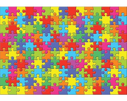 Regenbogen-Puzzle-Fototapete mit bunten Teilen, speziell für Kinder und Schlafzimmer.