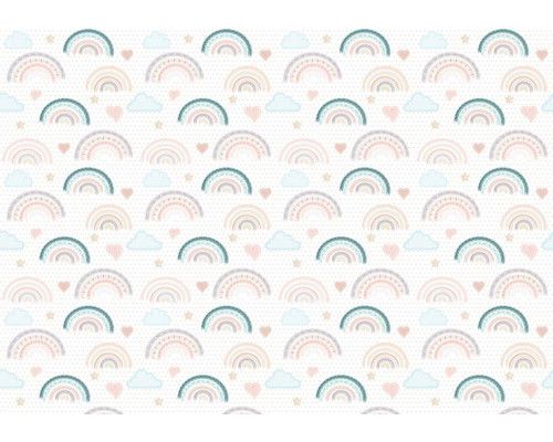 Regenbogen-Fototapete in sanften Pastellfarben, perfekt für ein fröhliches und buntes Zimmer.