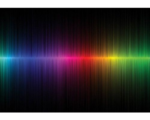 Fototapete mit einem Regenbogenstrahl, der Musik und grafische Formen kombiniert, bunte abstrakte Kunst.