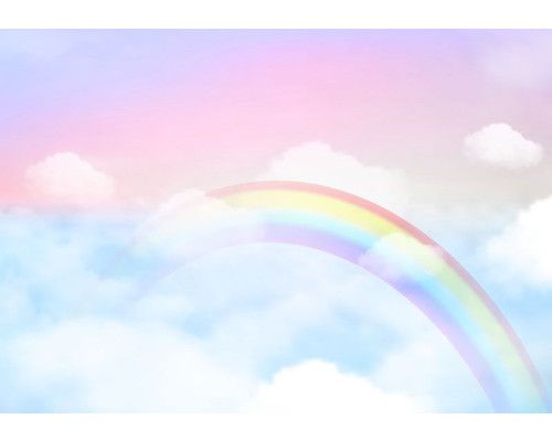 Fototapete mit einem verträumten Regenbogen und sanften Wolken in Pastellfarben auf einem rosa Hintergrund.