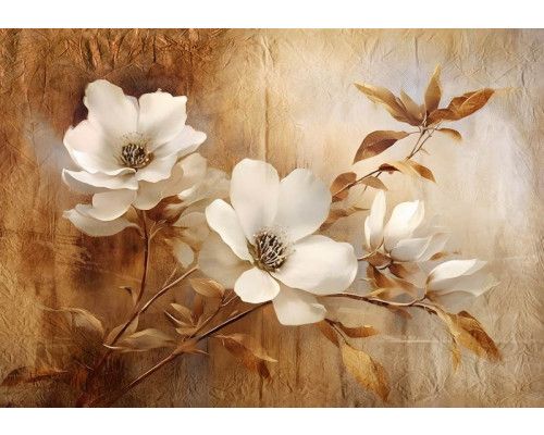 Retro-Blumen im Vintage-Pergament-Stil, gerendert auf einer Fototapete, die eine nostalgische Atmosphäre hervorruft.