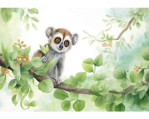 Kindertapete mit einem Ringschwanzlemur in der Wildnis, der auf einem Ast im Wald sitzt und von natürlichen Details umgeben ist.