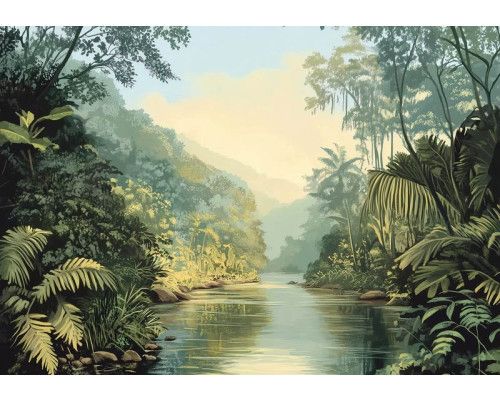 Fotobehang met een kronkelende rivier die door dichte jungle en tropische begroeiing stroomt.