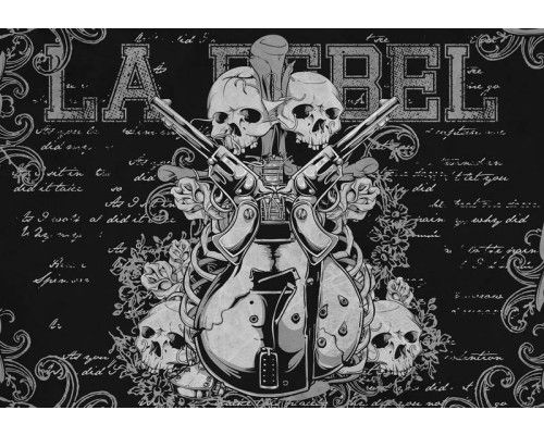 Rockgitarre und Totenkopf auf Fototapete, hart und rebellisch.