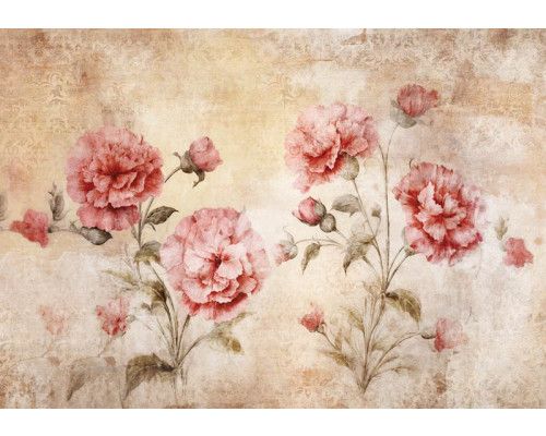 Fototapete mit roten Nelken im Vintage-Stil, mit rosa Blumen und antiken Details.