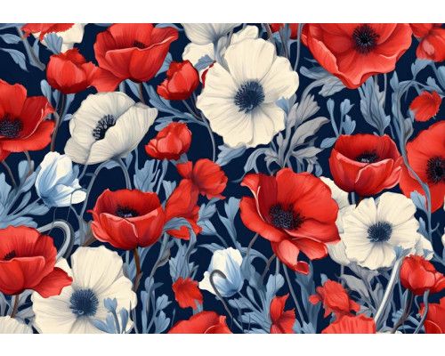 Rote und weiße Blumen, darunter große Mohnblumen, sind auf dieser farbenfrohen Fototapete lebendig dargestellt.