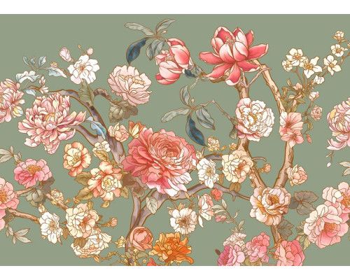 Eine romantische Blüten-Fototapete, bei der zartrosa und weiße Blüten in voller Blüte einen verträumten und heiteren Look erzeugen.