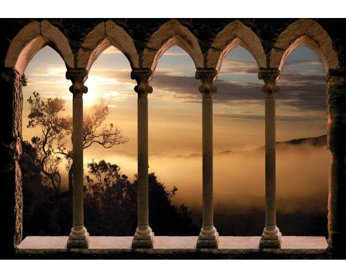 Fototapete mit 3D-Perspektive von römischen Säulen und Landschaft.