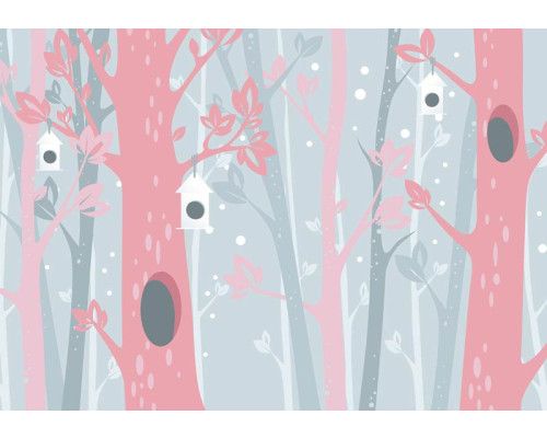 Fototapete mit rosa Bäumen in einem pastellfarbenen Schneewald, weiche Töne.
