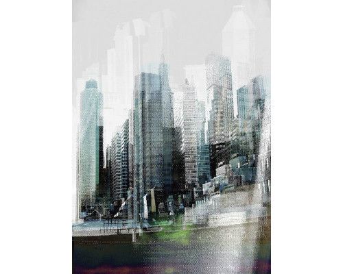 Die Skyline einer belebten Stadt, dargestellt in einem abstrakten Kunstwerk, perfekt für Liebhaber der modernen Architektur.