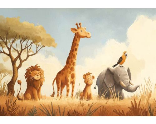 Fototapete mit Safari-Tieren in der Savanne, darunter ein Löwe, eine Giraffe, ein Elefant, ein junger Löwe und ein Vogel.