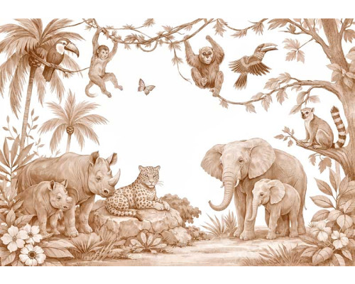Fototapete Safari Tiere Terrakotta mit Illustrationen von Elefant mit Jungtier, Nashorn mit Kalb, Leopard auf einem Felsen, Affen in Baumästen und tropischen Vögeln zwischen Palmen und Dschungelpflanzen.