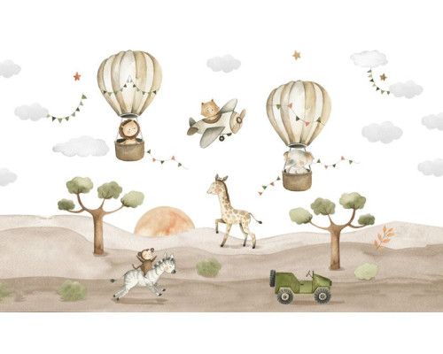 Fototapete für Kinder, die Safari lieben mit Savanne und Tieren.