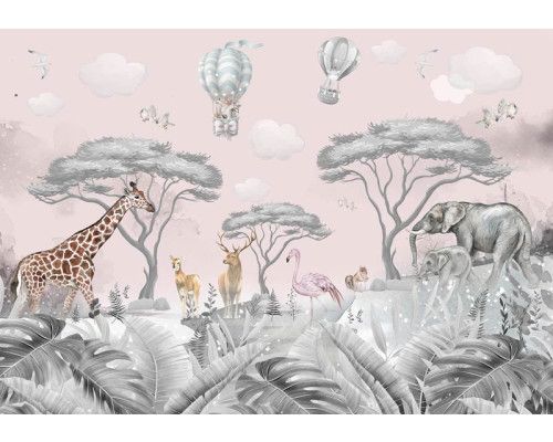 Fototapete mit niedlichen Safari- und Waldtieren wie Elefanten, Giraffen und Hirschen in sanften Tönen.