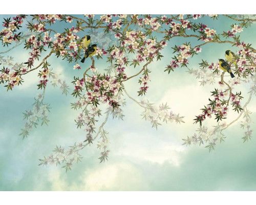 Sakura-Blüten auf Bäumen, dargestellt in einem abstrakten Kunstwerk, schaffen eine ruhige und natürliche Atmosphäre in dieser Fototapete.