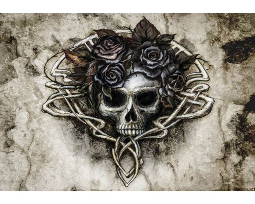 Fototapete von Sarah's Lament mit Totenköpfen und schwarzen Rosen, Thema Alchemie.