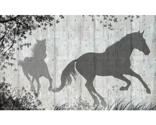 Fototapete mit einem Schatten von Pferden auf einer Betonwand, mit industriellem Charakter.
