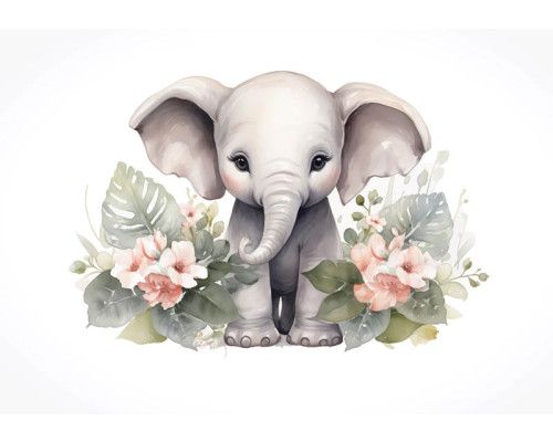 Fototapete mit einem niedlichen kleinen Elefanten, umgeben von Blumen, ideal für Kinderzimmer.