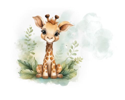 Fototapete einer liebenswerten Giraffe, in einer fröhlichen und spielerischen Umgebung für Kinder.