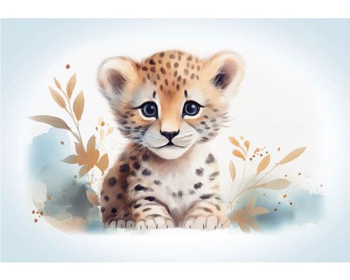 Fototapete eines niedlichen kleinen Löwen, eines Babyjungen in einer spielerischen Umgebung.