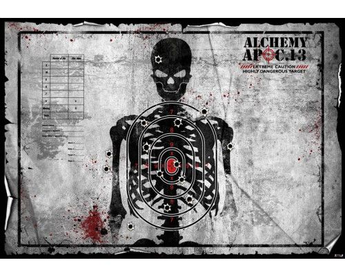 Fototapete einer Schießkarte mit einem Skelett und Alchemie Thema, robust und detailliert.