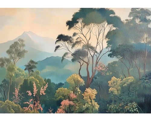 Fotobehang met een schilderachtig berglandschap met groene heuvels, besneeuwde toppen en een blauwe lucht.