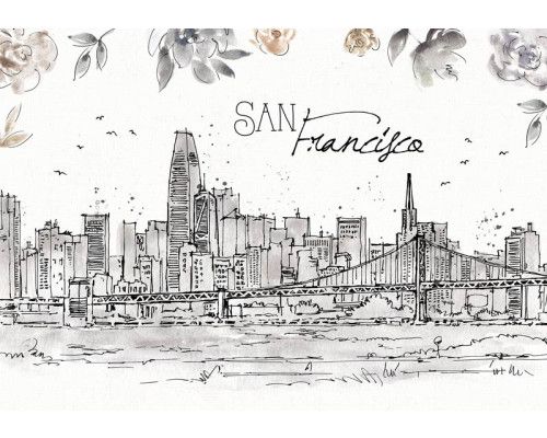 Fototapete mit einer malerischen Ansicht von San Francisco mit der berühmten Golden Gate Bridge und der Stadt im Hintergrund. Ein stilvolles Design.