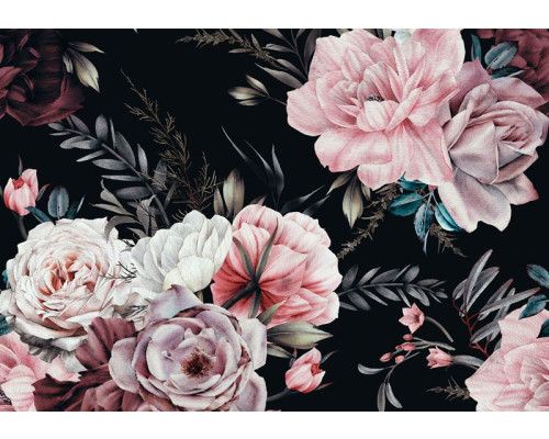 Fototapete mit malerischen Blumen auf schwarzem Hintergrund.