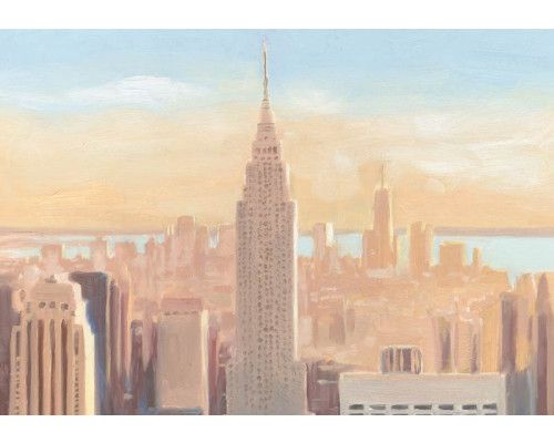 Fototapete mit einem malerischen Blick auf das Empire State Building in New York in Rosa- und Pastellfarben.