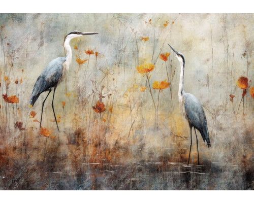 Fototapete von malerischen Reihern an einem See, mit einer künstlerischen Darstellung von Vögeln.