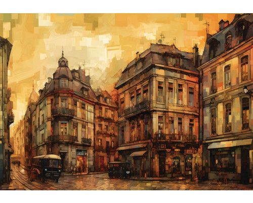 Ein Gemälde einer alten Stadt, dargestellt im Vintage-Stil auf dieser stimmungsvollen Fototapete.