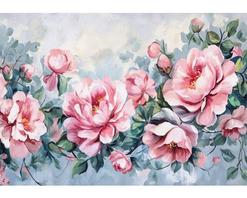 Fototapete eines Gemäldes mit Pfingstrosen, das eine kunstvolle florale Darstellung zeigt.