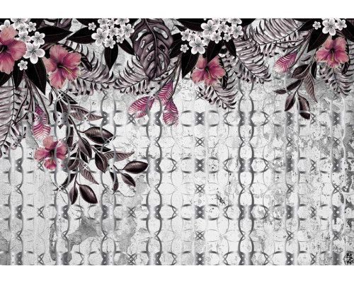 Fototapete mit Zierpflanzen auf Betonwand, rosa Blumen und Pflanzen für einen weichen Look.