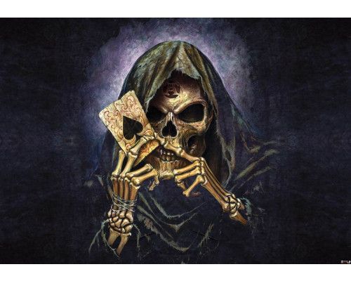 Fototapete mit einem Totenkopf und einem Ass, fett und ikonisch.