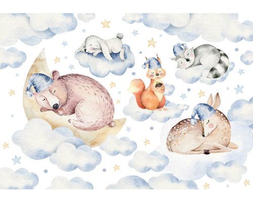 Fototapete mit schlafenden Tieren, niedliche Illustrationen von verschiedenen Tierarten.