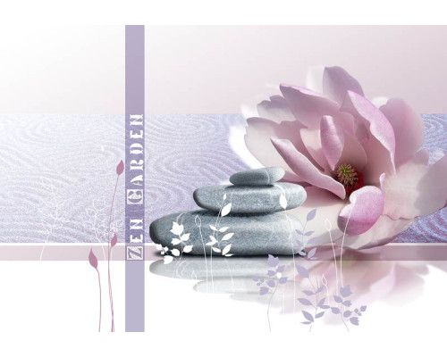 Zen-Garten Fototapete, mit rosa Steinen und Blumen, ideal für eine heitere und beruhigende Atmosphäre.
